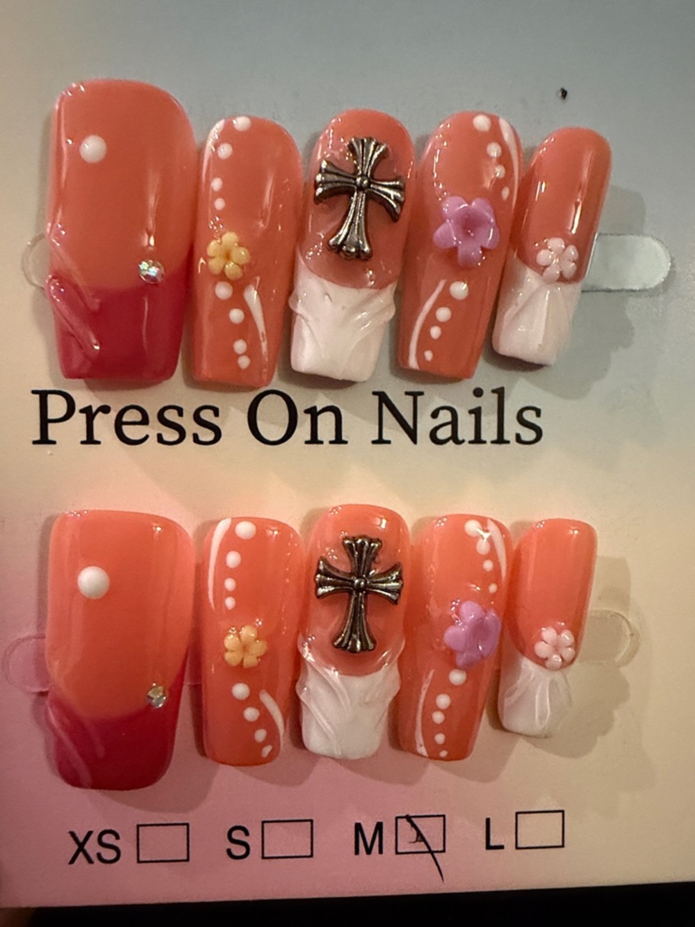Coral Pink handmade Press-On Nails with Cross & Floral Accents